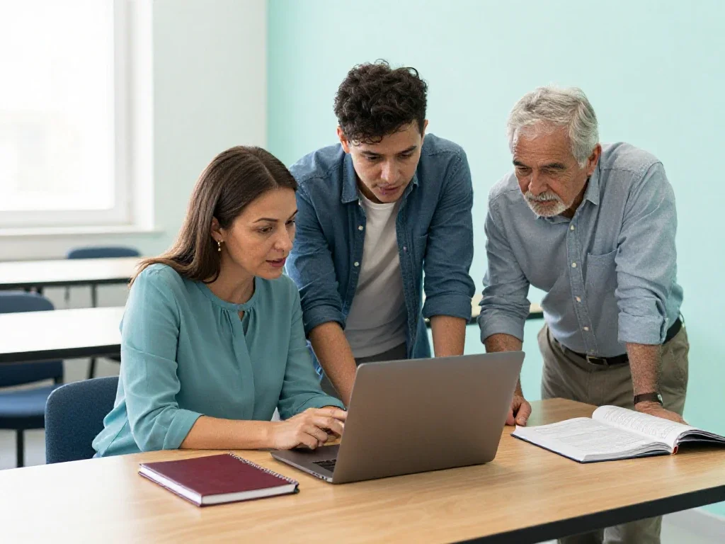 Trois adultes collaborent autour d'un ordinateur dans un espace de formation lumineux et moderne.