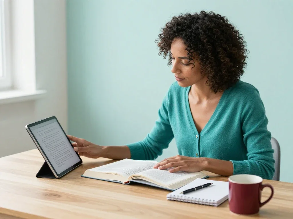 Une apprenante consulte des manuels et une tablette pour accéder aux ressources éducatives de formation.