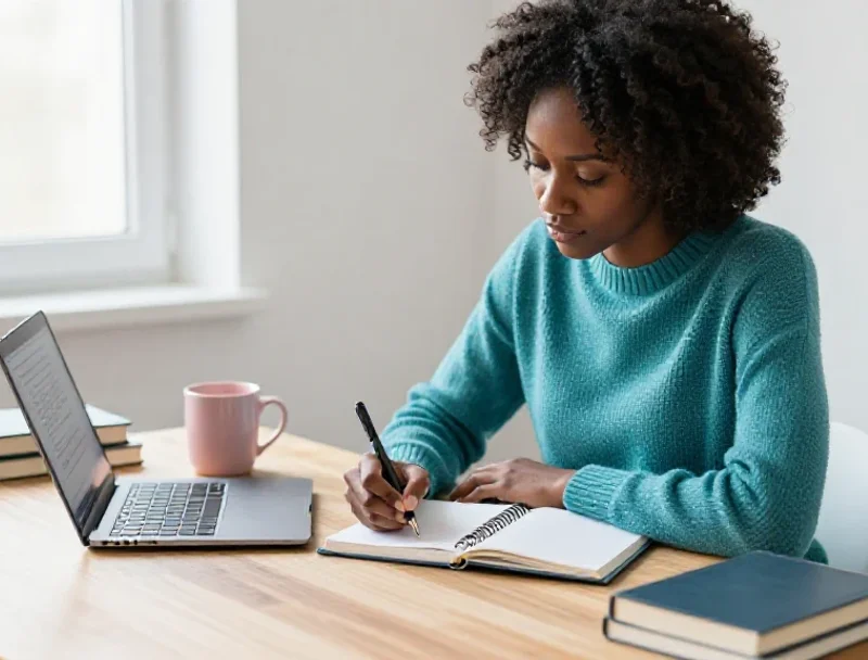 Une professionnelle prend des notes avec application pour illustrer l'élan donné par la formation.
