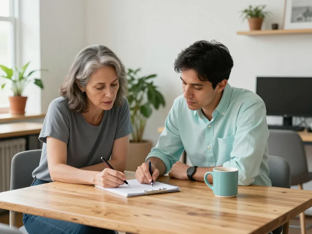 Une mentore accompagne un jeune homme pour illustrer la transmission de compétences et le coaching.